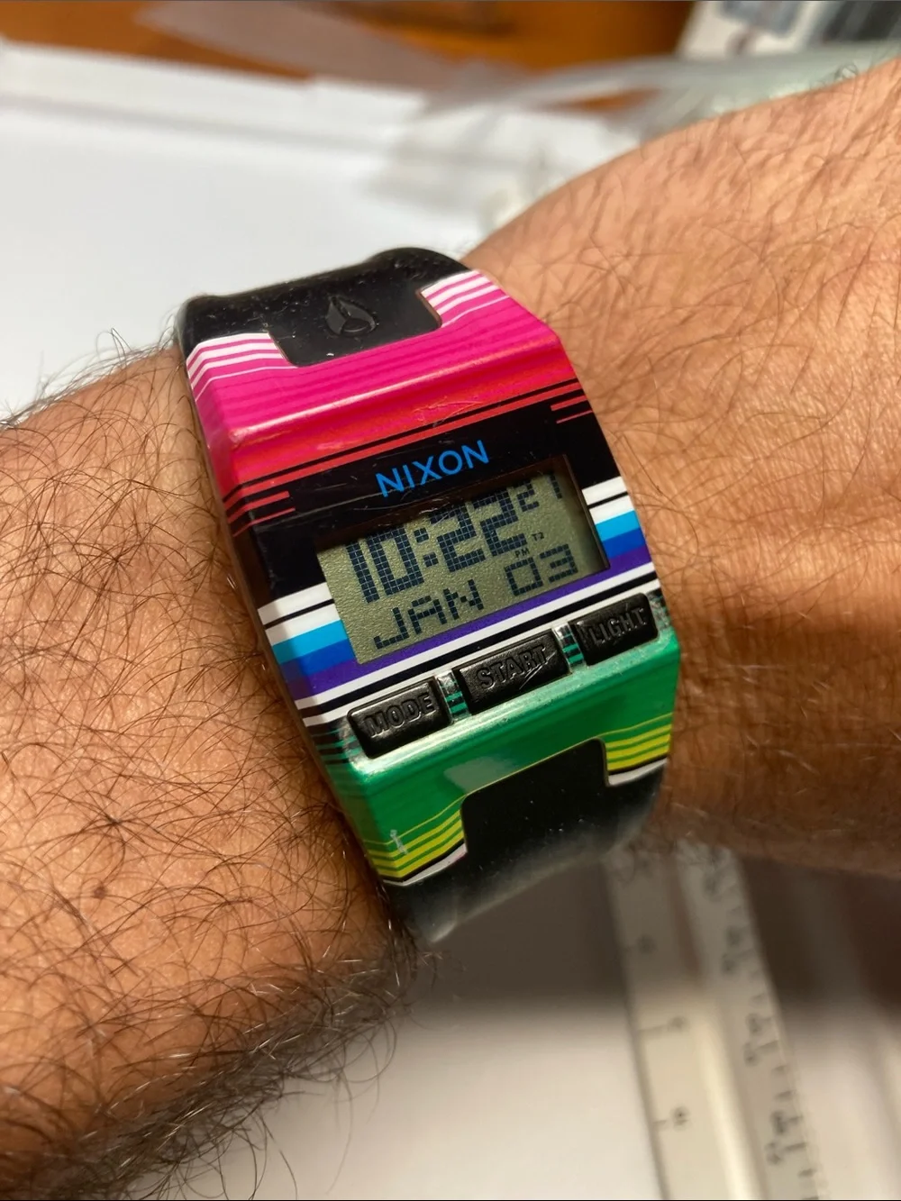 Nixon The Comp S, Digital Watch - Pink, Green & Black Stripes, new battery